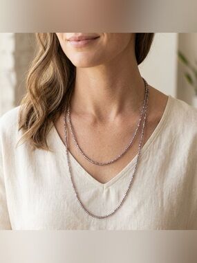 Long Beaded Wrap Necklace Purple Metallic Glass Layered Jewelry 27 Inch